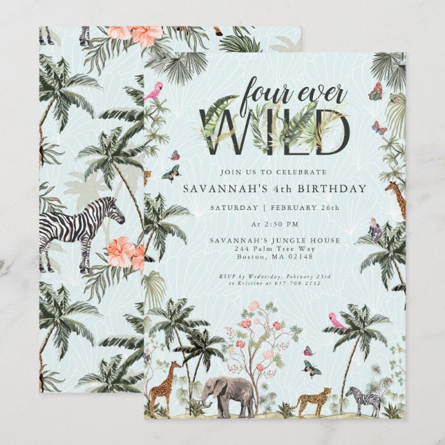 Invitation Animaux de la jungle tropicale | Four Ever Wild (Devant / Derrière)