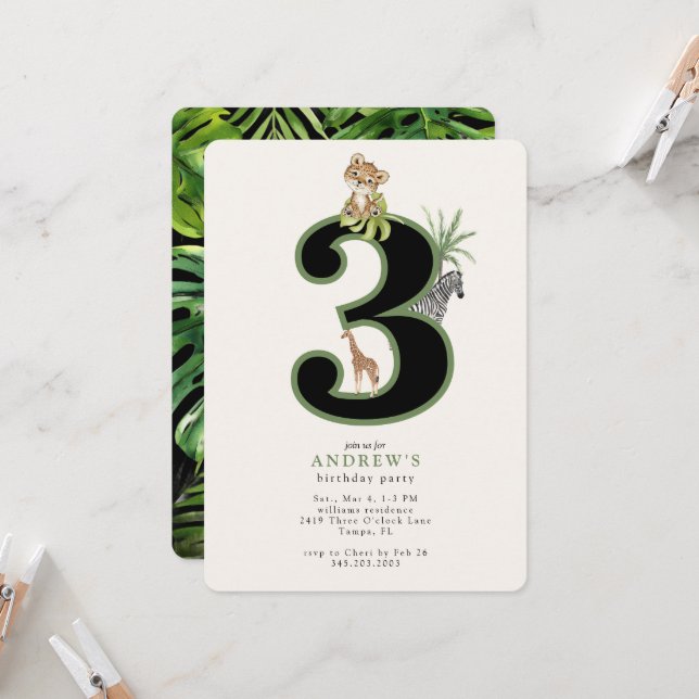 Invitation Animaux de la jungle tropicale pour 3ème anniversa (Devant/Arrière en situation)