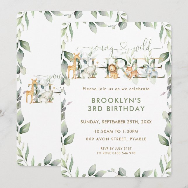 Invitation Animaux de la jungle Verdure Jeune sauvage et troi (Devant / Derrière)