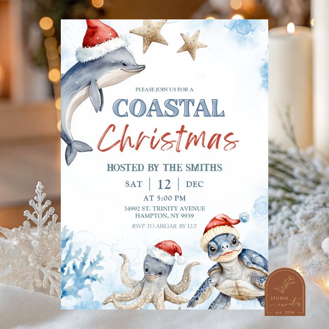 Invitation Animaux de la mer bleue Noël côtier (Créateur téléchargé)