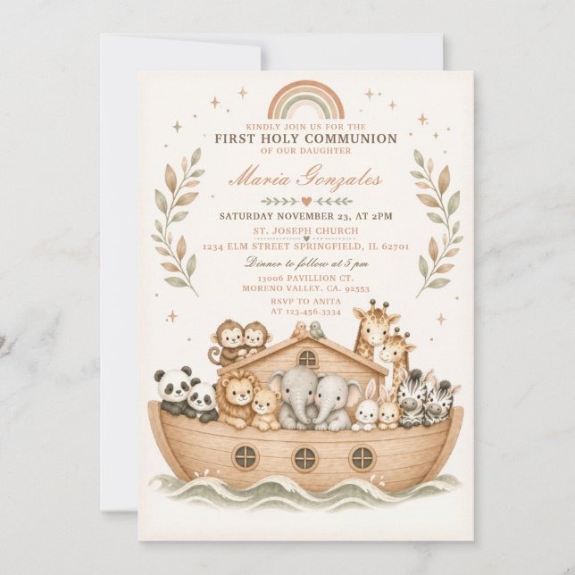 Invitation Animaux de l'Arche Beige Première Sainte Communion (Devant)