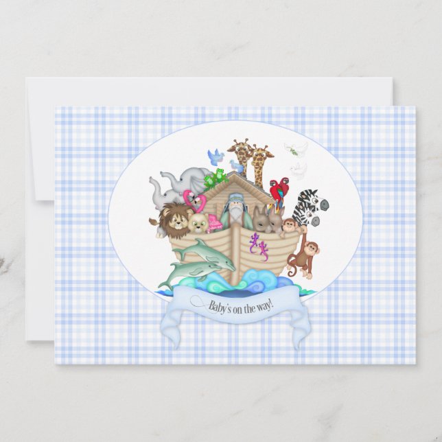 Invitation Animaux de l'Arche de Noé Gingham Bleu (Devant)