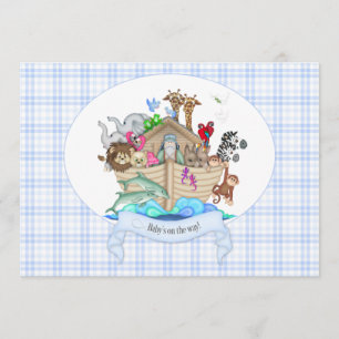 Invitation Animaux de l'Arche de Noé Gingham Bleu