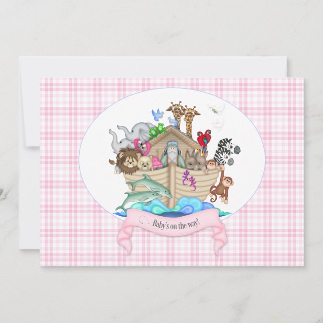 Invitation Animaux de l'Arche de Noé Gingham Rose (Devant)