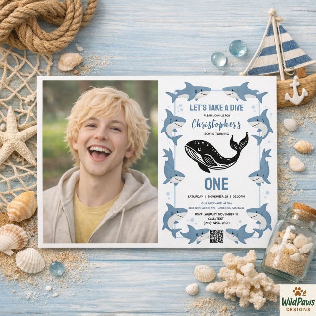 Invitation Animaux de Mer Requin 1er Anniversaire | Sous l'Oc (Sea Animals Shark 1st Birthday | Under the Sea Invitation
)
