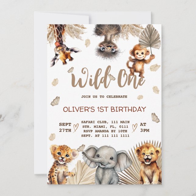 Invitation Animaux de Safari 1er Anniversaire  (Devant)