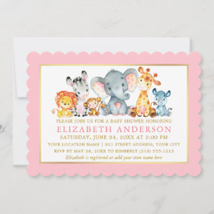 Invitation Animaux de Safari Aquarelle Rose Or Baby Shower