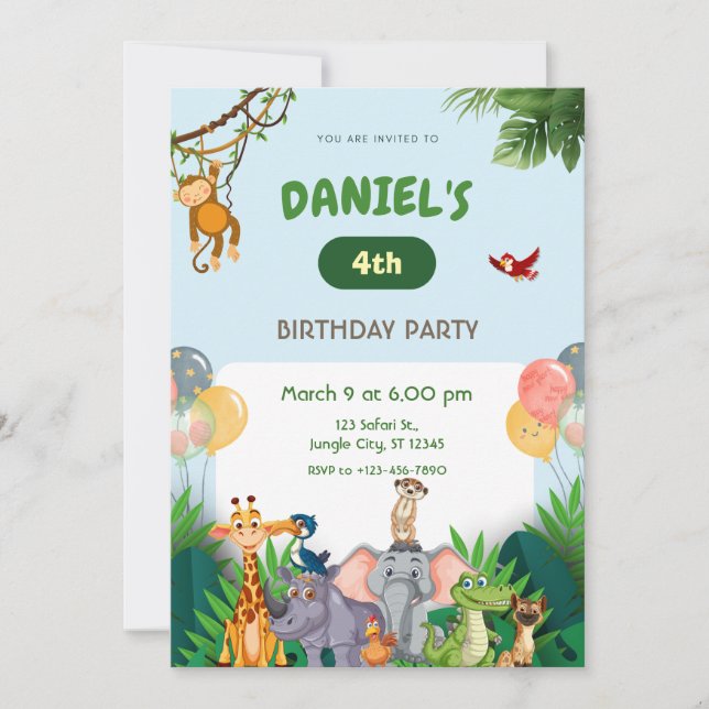 Invitation Animaux de Safari dans la Jungle Fête d'Anniversai (Devant)