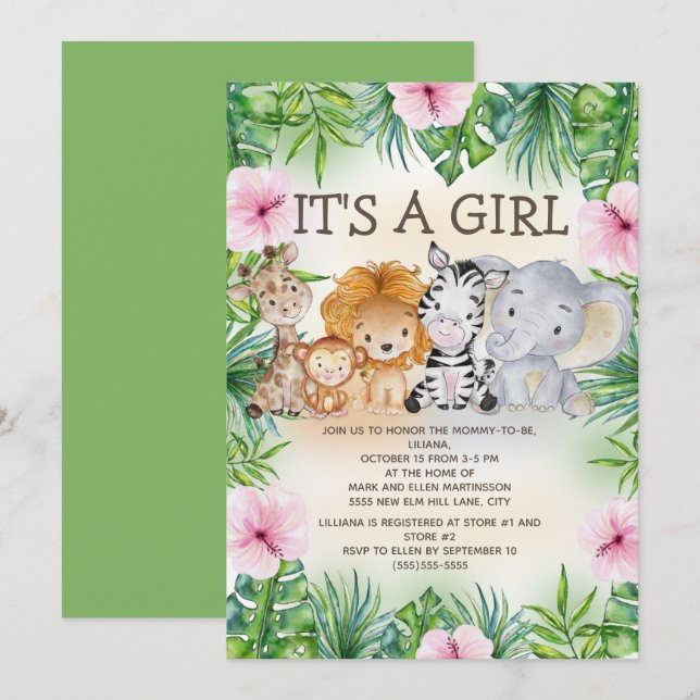 Invitation Animaux de safari de la jungle mignons Bébé fille  (Devant / Derrière)