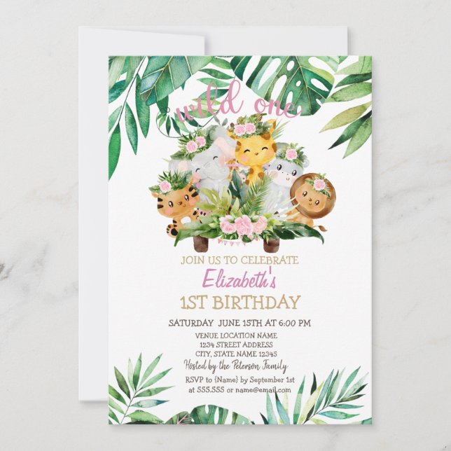 Invitation Animaux de Safari Fou, 1er Anniversaire (Devant)