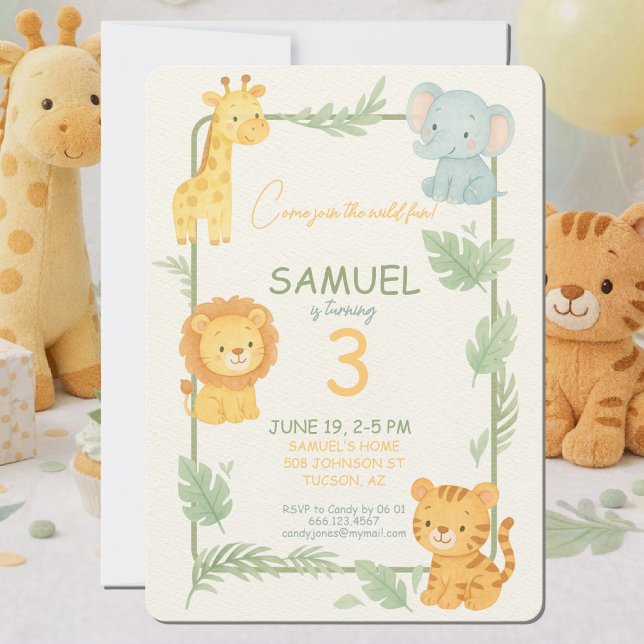 Invitation Animaux de Safari Mignons Fête d'Enfants dans la J (Créateur téléchargé)