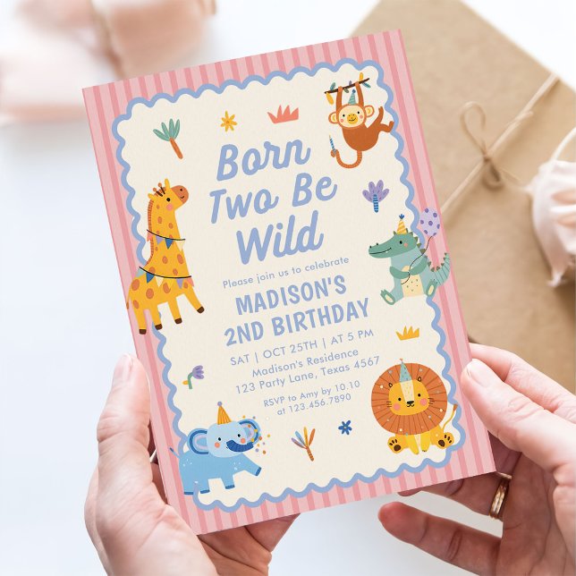 Invitation Animaux de safari mignons fille 2ème anniversaire (Créateur téléchargé)