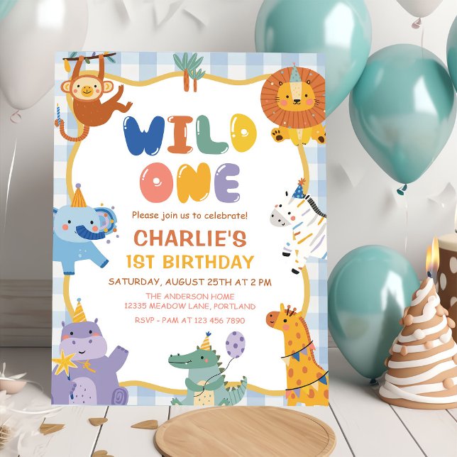 Invitation Animaux de safari mignons garçon 1er anniversaire (Créateur téléchargé)