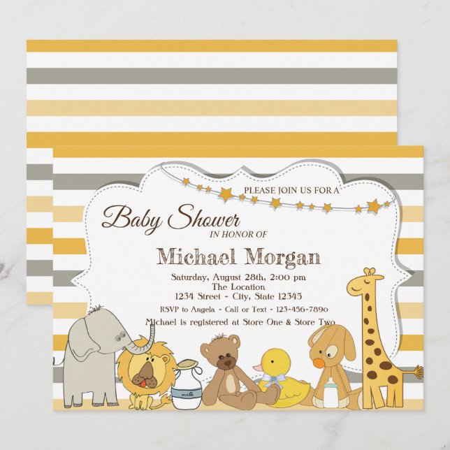 Invitation Animaux de Safari Sucrés Rayés Baby Shower (Devant / Derrière)