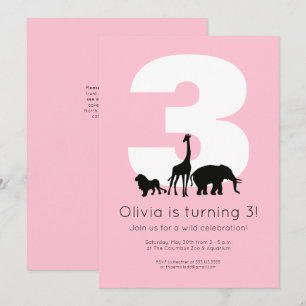 Invitation Animaux de zoo fête d'anniversaire enfants rose
