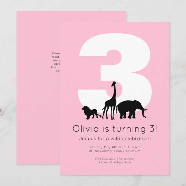 Invitation Animaux de zoo fête d'anniversaire enfants rose (Devant / Derrière)