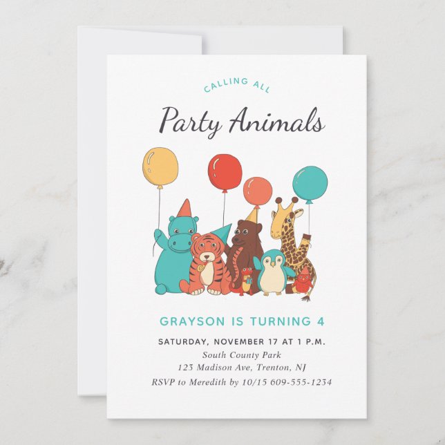 Invitation Animaux de zoo mignons pour fête d'anniversaire d' (Devant)