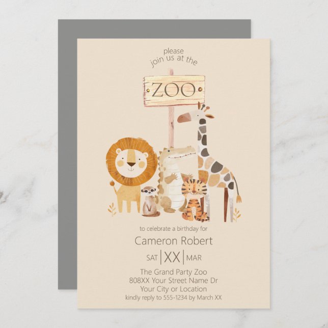 Invitation Animaux de zoo mignons sur fond beige (Devant / Derrière)