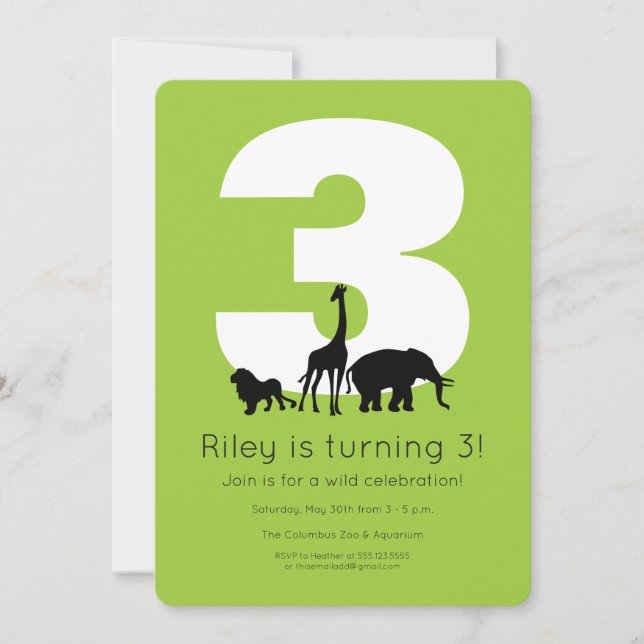 Invitation Animaux de zoo photo vert citron anniversaire enfa (Devant)