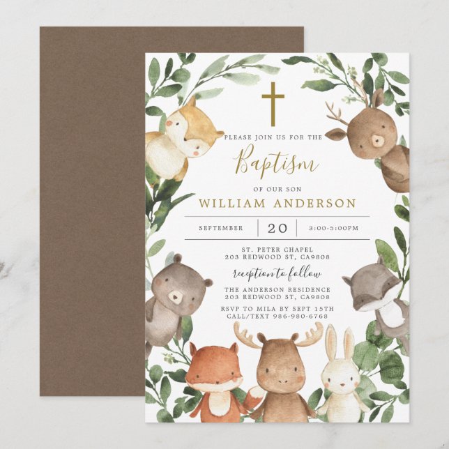 Invitation Animaux des bois Baptême/Invitation au baptême (Devant / Derrière)