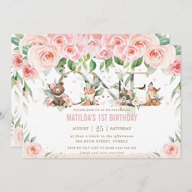 Invitation Animaux des bois Blush Floral Un 1er anniversaire (Devant / Derrière)
