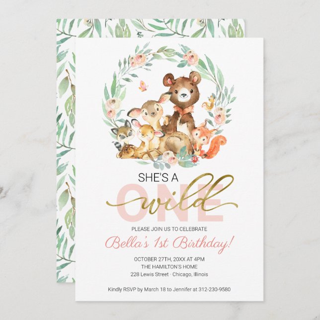 Invitation Animaux des bois Elle est un sauvage Un premier an (Devant / Derrière)