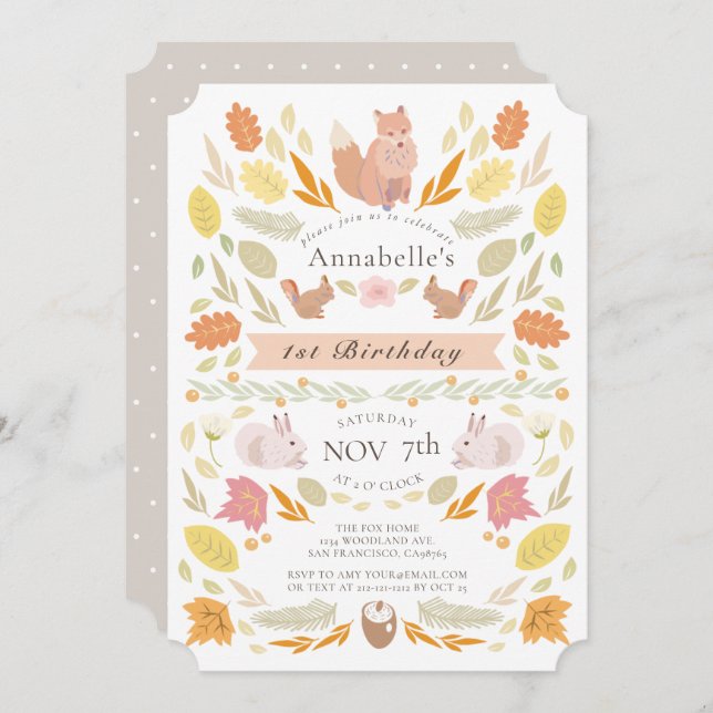 Invitation Animaux des bois Feuillage d'automne 1er anniversa (Devant / Derrière)