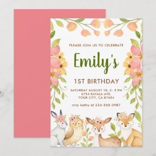 Invitation Animaux des bois Floral 1er anniversaire