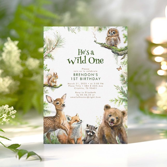 Invitation Animaux des bois Il est un sauvage 1er anniversair (He's A Wild One - Cute Little Woodland Animals 1st Birthday Invitations)