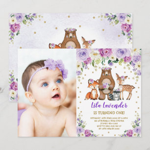 Invitation Animaux des bois Lavande d'anniversaire Purple Flo