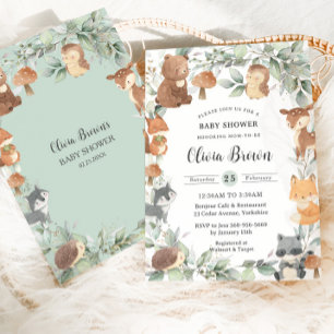 Invitation Animaux des bois Sage Verdure Baby shower neutre