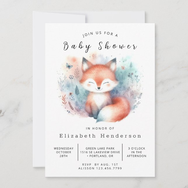 Invitation Animaux des bois Thème Fox Baby shower (Devant)