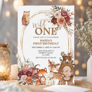 Invitation Animaux des bois Wild One Marsala 1er anniversaire