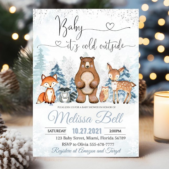 Invitation Animaux d'hiver Baby shower des bois Il fait froid (Winter Animals Woodland Boy Baby Shower invitation featuring snowy forest animals like bears, foxes,)