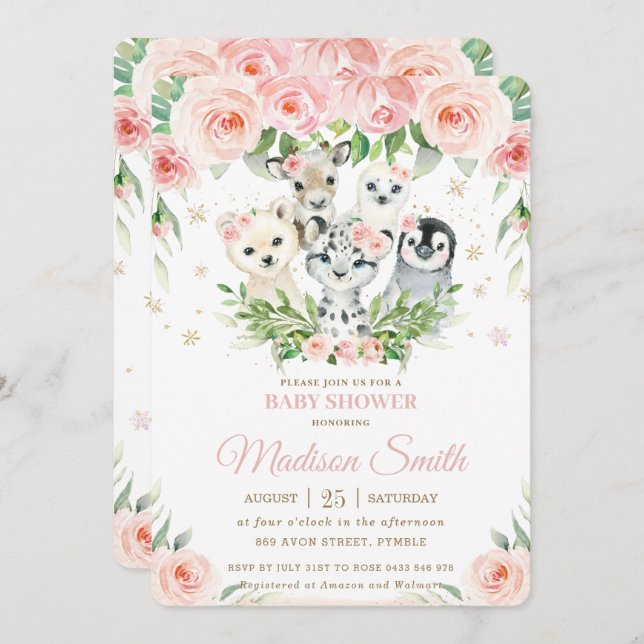 Invitation Animaux d'hiver Baby shower floral flush arctique (Devant / Derrière)