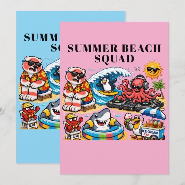 Invitation Animaux drôles de fête de plage d'été - DJ Pieuvre (Devant / Derrière)