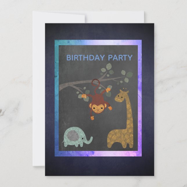 Invitation Animaux du zoo de tableau noir fête d'anniversaire (Devant)