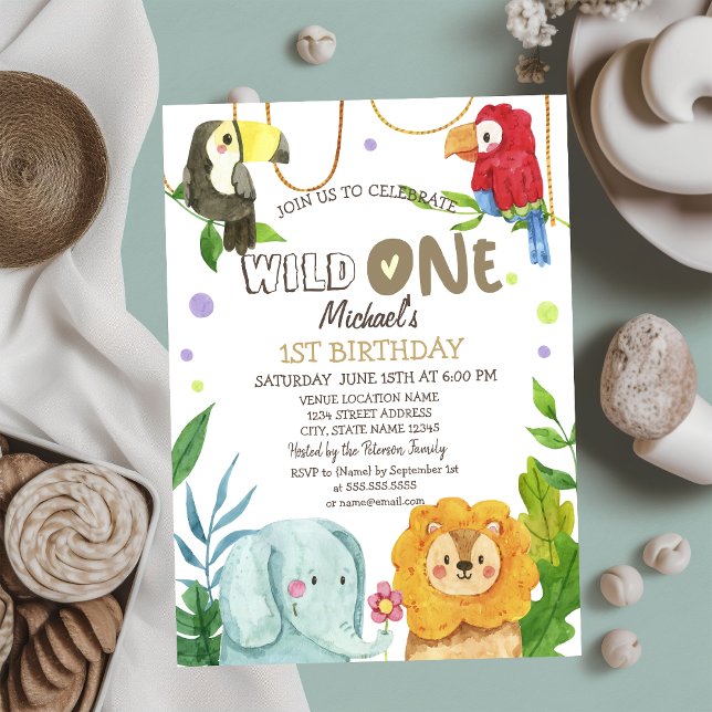 Invitation Animaux Éléphant Lion Oiseaux Feuilles 1er Anniver (Créateur téléchargé)