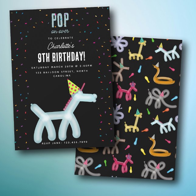 Invitation Animaux en Ballon Licorne Thème de Fête d'Annivers (Balloon Animals Unicorn Kids Birthday Party Theme Invitation)