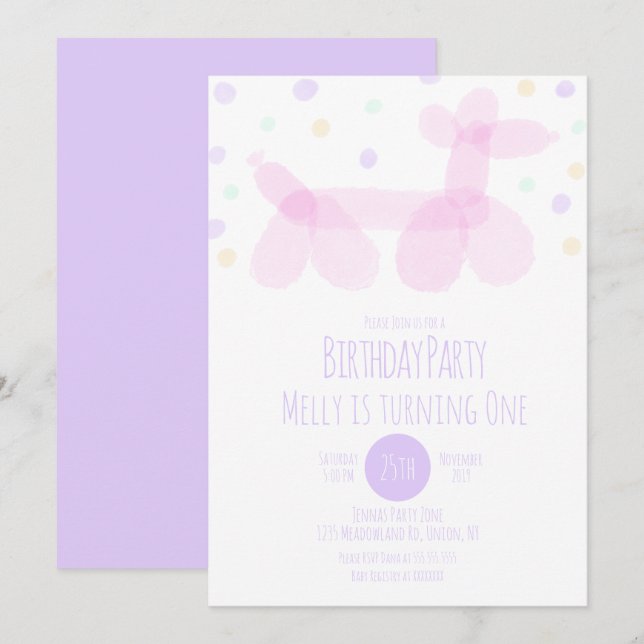 Invitation Animaux en ballons de couleur pastel violet rose p (Devant / Derrière)