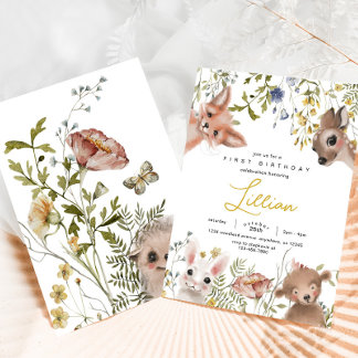 Invitation Animaux fleur sauvage et boisés Anniversaire