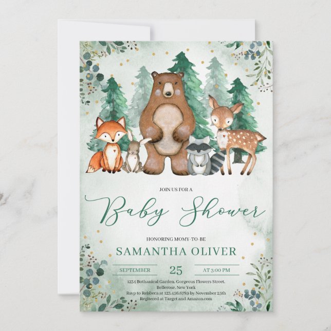 Invitation Animaux forestiers Baby shower de verdure boisée (Devant)