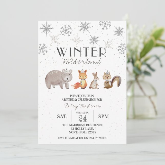 Invitation Animaux forestiers Hiver ONE derland Anniversaire (Debout devant)