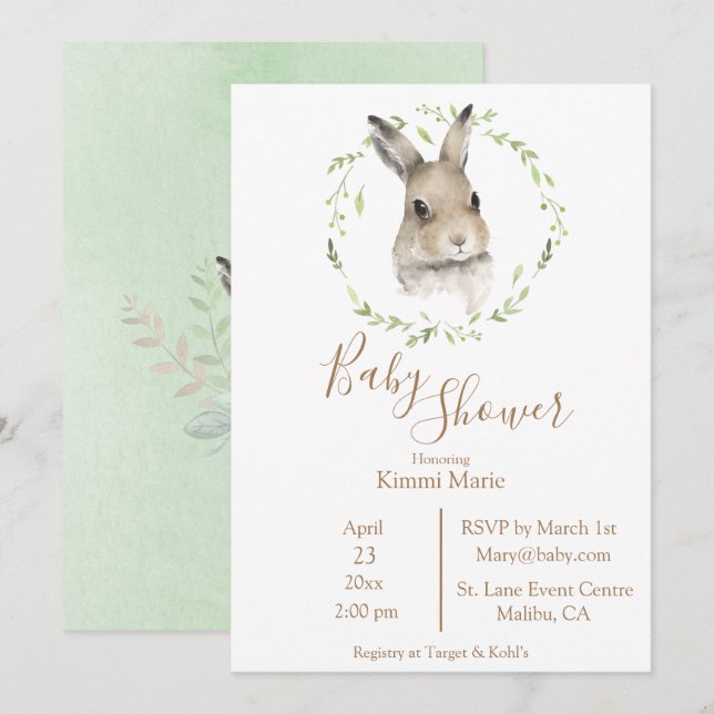Invitation Animaux forestiers Lapin Lapin Script Aquarelle Bé (Devant / Derrière)