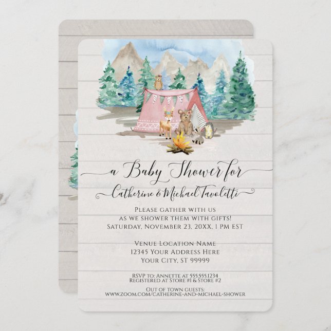 Invitation Animaux forestiers Ours de cerf Baby shower floral (Devant / Derrière)