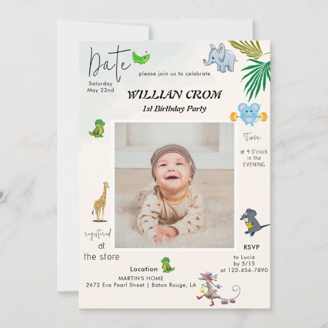 Invitation Animaux forestiers Première année Premier annivers (Devant)