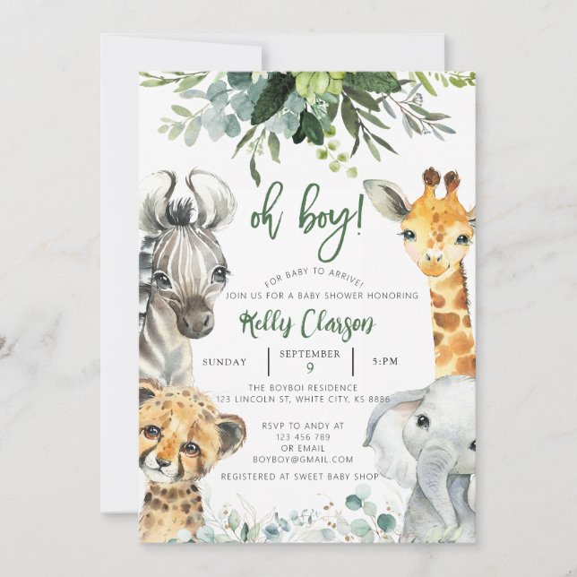 Invitation Animaux Jungle Safari Oh Baby shower garçon (Devant)