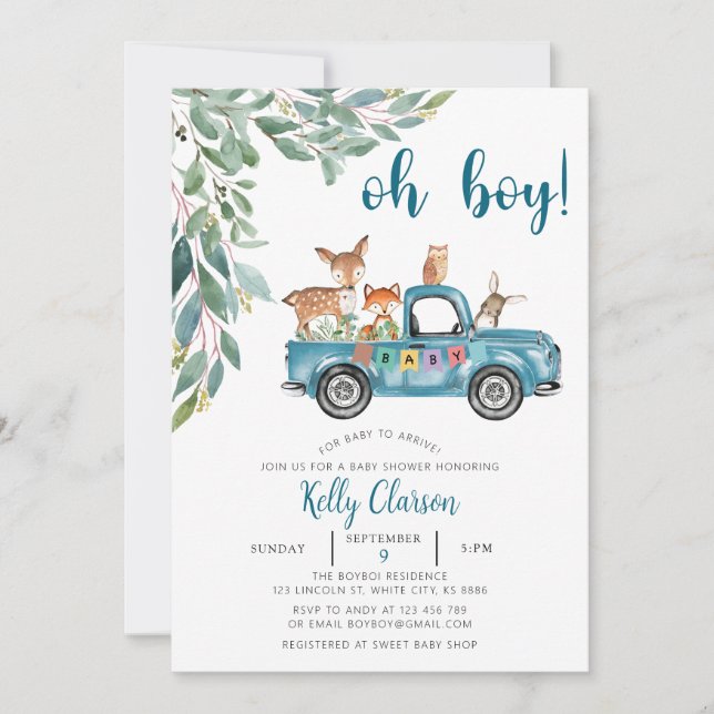Invitation Animaux Jungle? Voiture Oh Baby shower garçon (Devant)
