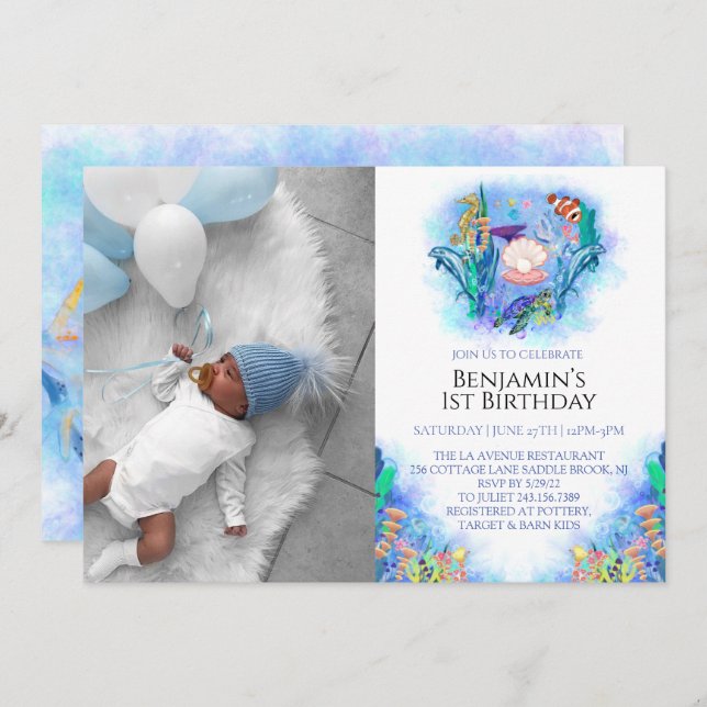 Invitation Animaux marins 1er anniversaire (Devant / Derrière)