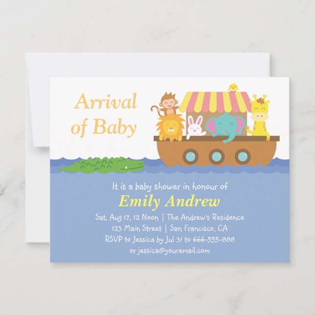 Invitation Animaux Mignons, Baby Shower Arche de Noé (Devant)